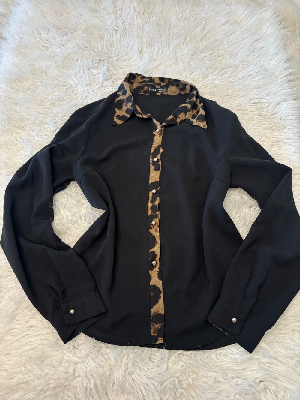 SHEIN Black Blouse with Brown Leopard Print